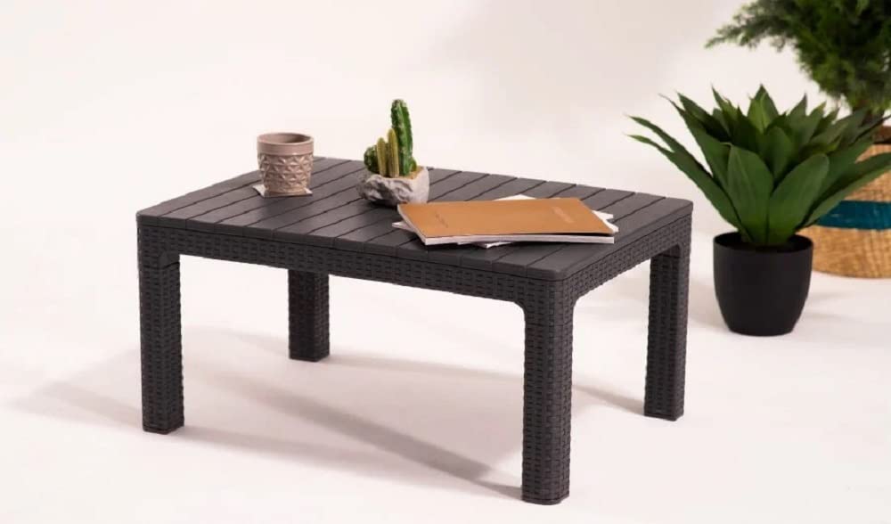 Violet Mesa Auxiliar Plástico, Imitación Ratán, 90x60x44 cm, Mesa de Café, Mesa Exterior Marrón Oscuro Casi Negro