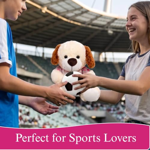 Image of Tickles Cute Sitting Puppy Dog with Football Soft Stuffed Plush Animal Sports Toy for Kids Boys & Girls Birthday Gift (Size: 33 cm Color: Multicolor)