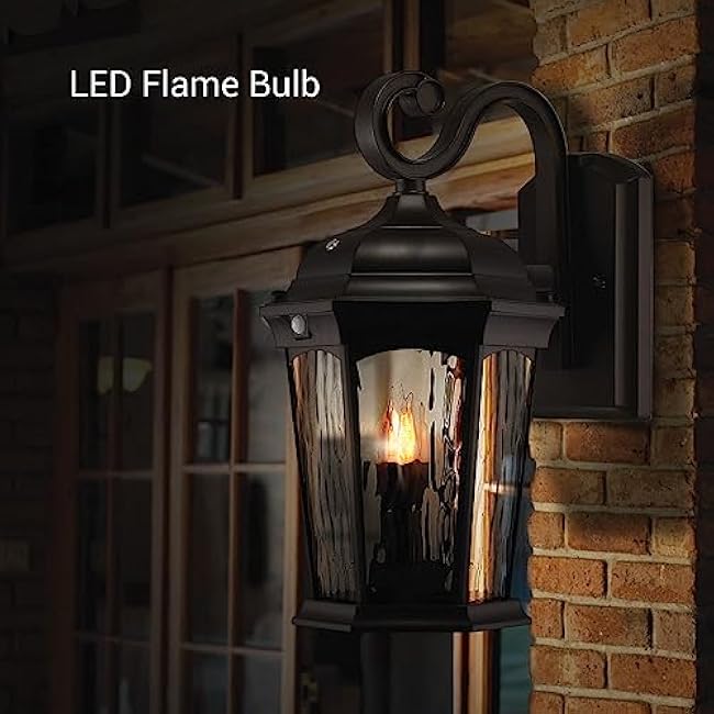 Euri Lighting EFL-130W-MD Flickering Flame Porch Light, Water Glass, with Integrated Security Light (3000K), Motion-Sensor, Dusk-to-Dawn, Oil Rubbed Bronze Housing