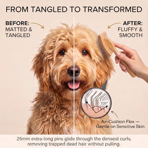 Image of Wooden Long Pin Slicker Brush for Dogs, Doodles, Poodles, Long Hair | Grooming, Detangling, and Fluffing for Wavy and Curly Hair-Designed for Heavy, Thick Coats to Prevent Matting at Home
