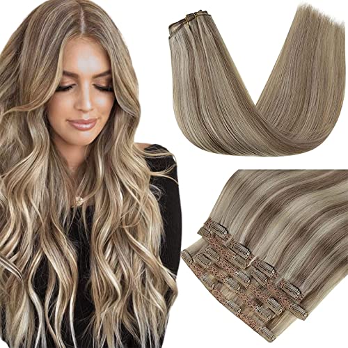 RUNATURE Hair Extensions Clip in Human Hair Extensions Blonde Remy Clip in Hair Extensions Light Brown Highlighted Platinum Blonde Hair Clip in Extensions Double Weft Hair Clip Ins 12 Inch 80g