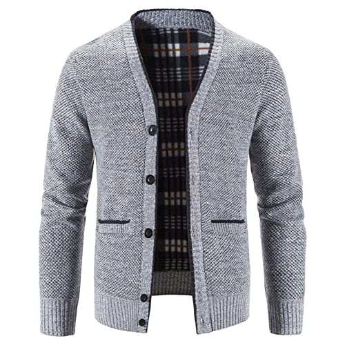 Maiyifu-GJ Men V Neck Knitted Cardigan Sweater Casual Button Down Knit Sweater Lightweight Open Front Knitwear with 2 Pockets (Light Grey,XX-Large)