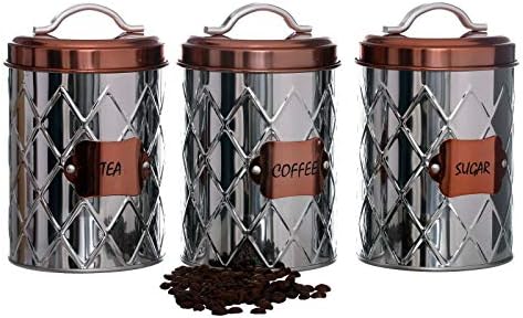 Retro Tea Coffee Sugar Canisters Jars Air Tight Lids Kitchen Storage Set of 3 High Quality (S/Steel Copper OP177, Stainless Steel)