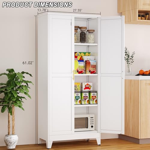 Image of Winiowa Metal Pantry Cabinet with 2 Doors and Adjustable Shelves - 61 inch Kitchen Storage Cabinet with Gold Handles - Versatile Storage for Kitchen, Bathroom, Dining Room, Utility Room - White