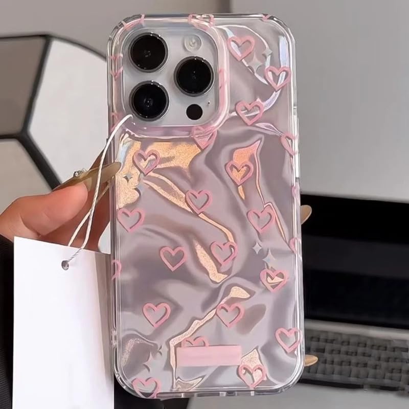 Image of COVERLY Luxury 3D Heart Aesthetic Designer Back Cover for iPhone 12 Pro - Slim Liquid Silicone Case with Handcrafted Real Pearl Jewel & Iridescent Holographic Waves (Blush Silver & Pearlescent Silver)