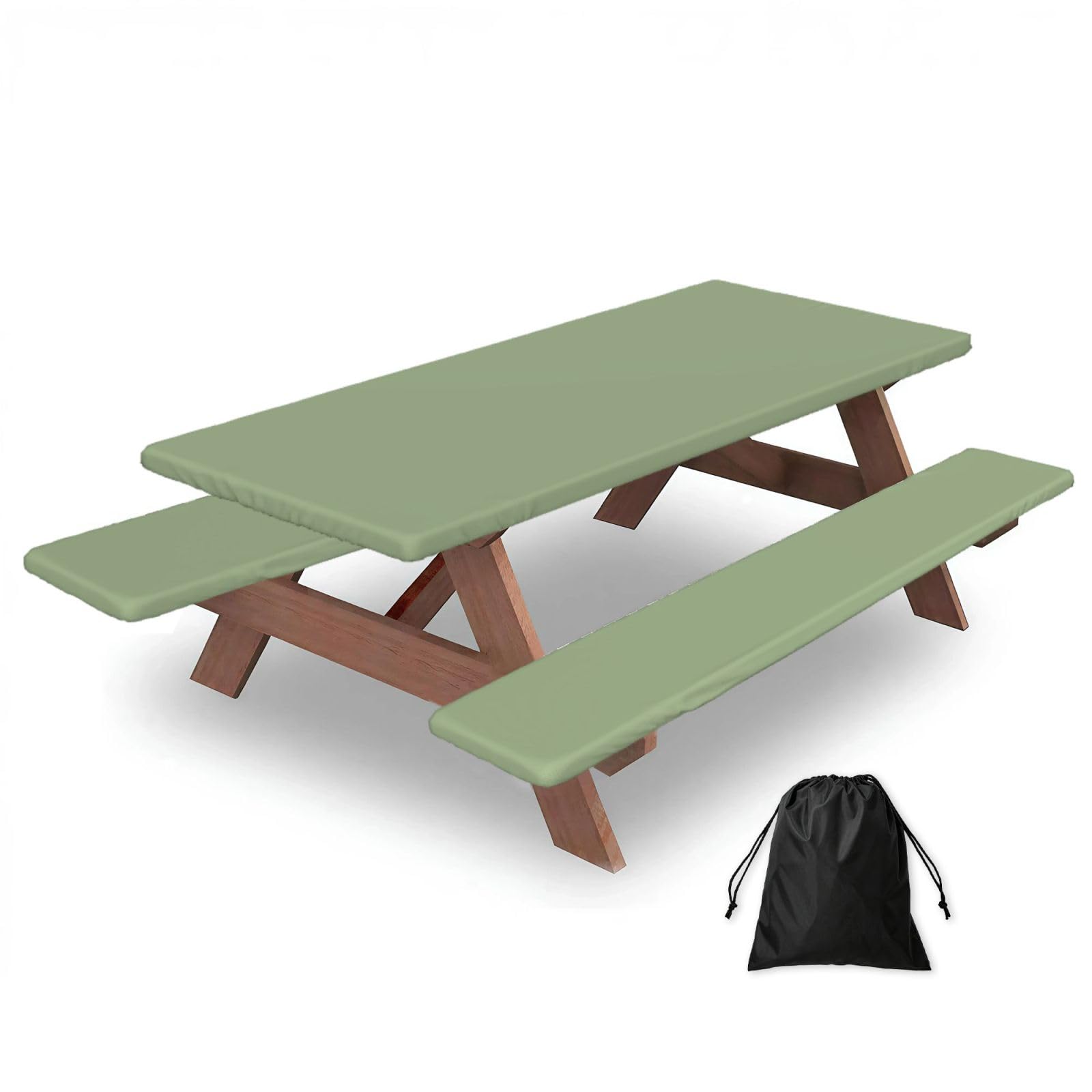 Mexpekil Picnic Table Cover with Bench Covers, Sage Green Waterproof Rectangular Elastic Fitted Tablecloth Garden Bench Covers, 72"x30"