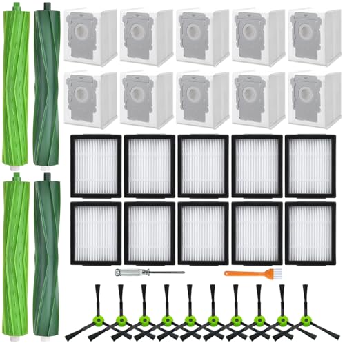 APZOVO Accessoires pour iRbobot Roomba i7 i7+ i1 i1+ i2 i2+ i3 i3+ i4 i4+ i6 i6+ i8 i8+ E5 E6 E7 J7 J7+, pour Combo i5 i5+ J5 J5+ J6 J6+, 4 Brosse Principale, 10 Filtres, 10 Sac, 10 Brosse Latérale