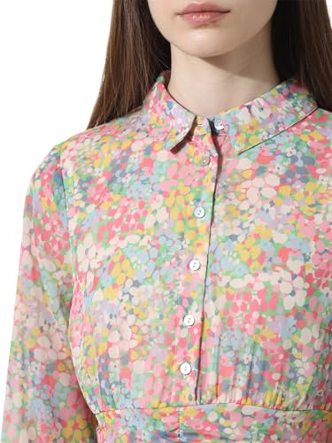 Image of ONLY Floral Printed Shirt Collar Tiered Chiffon Fit & Flare Dress