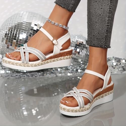 Summer women's thick-soled slope-heel sandals with a fashionable cross design, silver large-sized beach daily outdoor2