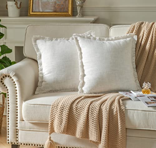 Caflife Throw Pillow Covers 18X18 For Boho Bed Couch, 2 Pack Elegant Home Decorative Off White With Tassels Linen Burlap Throw Pillows For Farmhouse Outdoor Sofa #TOP2