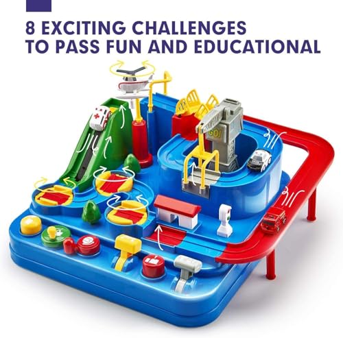 Image of Cable World Montessori Car Adventure Track Toy for Kids with 4 Mini Cars & 6 Control Buttons | Interactive Vehicle Track Set with Helicopter, Bridge & Parking Challenges |Fine Motor Skill Toy for Kids
