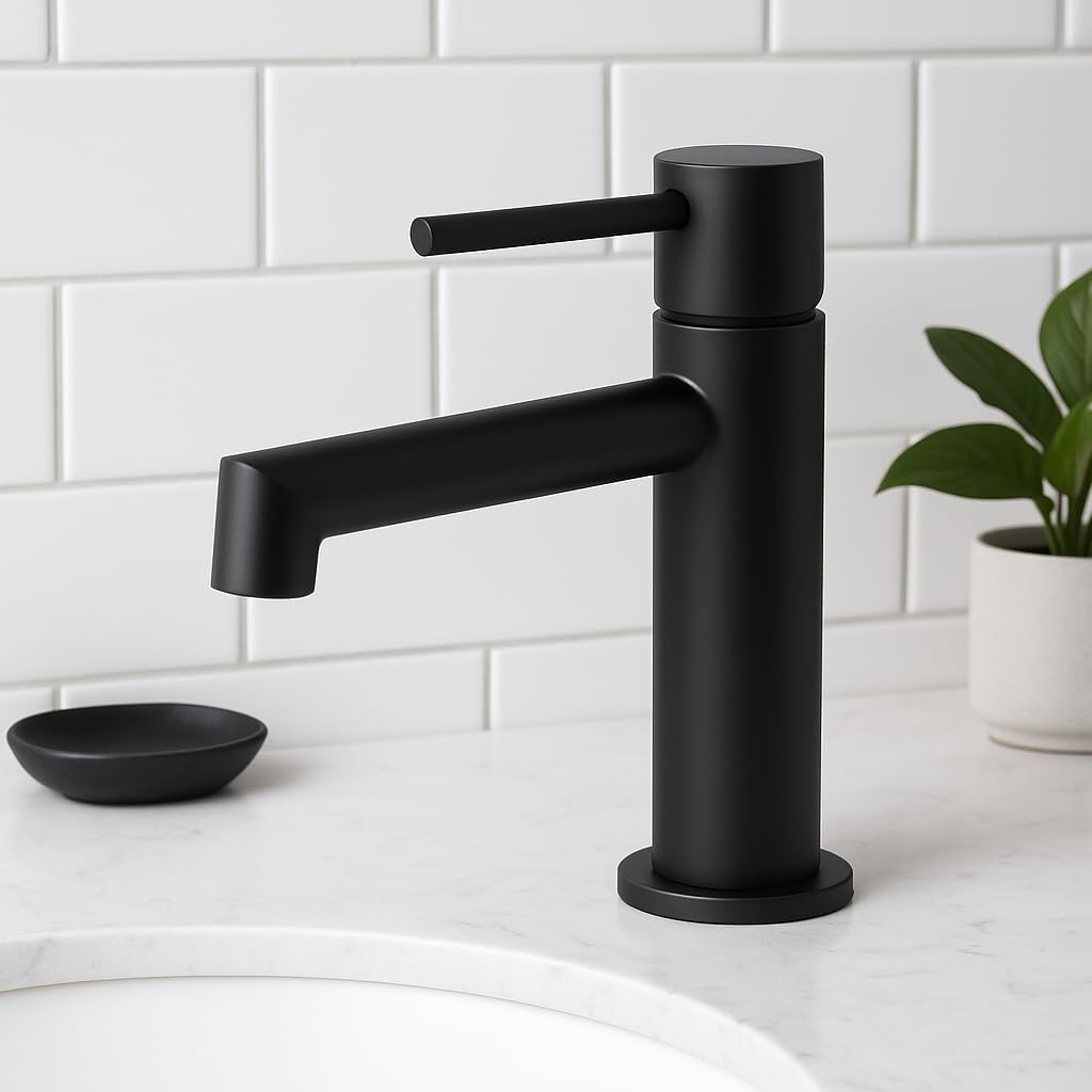Bathroom Faucet, Indare Single Hole Brass Matte Black Bathroom Faucet with Pop-up Sink Drain Assembly and Faucet Supply Hose