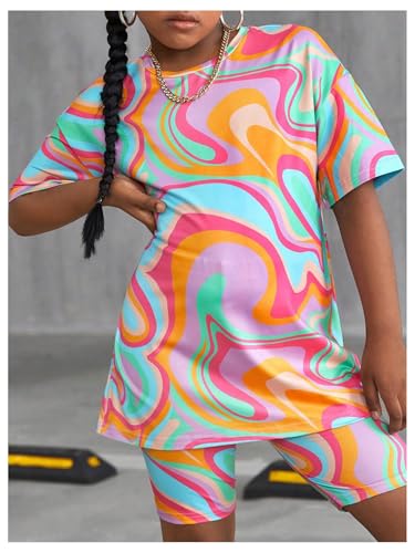 Floerns Conjunto de 2 peças para meninas com estampa de mármore tie dye e shorts de motociclista, Az