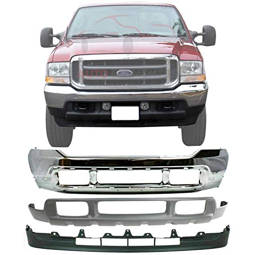 New Front Bumper Chrome with Pad Holes + Upper Valance Textured + Lower Air Deflector For 2001-2004 Ford F-250 F-350 / Excursion Direct Replacement 3C3Z17757BA 3C3Z17626AAA 1C3Z17626AAC