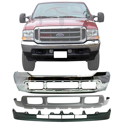 New Front Bumper Chrome with Pad Holes + Upper Valance Textured + Lower Air Deflector For 2001-2004 Ford F-250 F-350 / Excursion Direct Replacement 3C3Z17757BA 3C3Z17626AAA 1C3Z17626AAC New Front Bumper Chrome with Pad Holes + Upper Valance Textured + Lower Air Deflector For 2001-2004 Ford F-250 F-350 / Excursion Direct Replacement 3C3Z17757BA 3C3Z17626AAA 1C3Z17626AAC