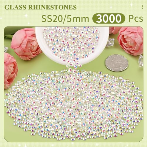 Image of 3000PCS SS20 /5mm Crystal Glass Rhinestones for Bedazzling (Transparent AB) | Flatback Rhinestones for Crafting DIY Nail Art Makeup Decoration, Gems Diomand Charms for Tumbler Shoes Clothing Mug