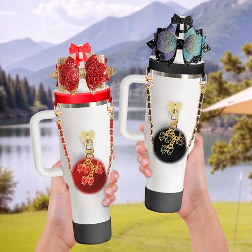 Xyntara Pink Bow Accessories for Stanley Cup 40&30oz Tumbler with Handle,Including Bows Straw Topper,Chapstick Holder, Boot, Keychain Charms for Stanley Cups(Pink)