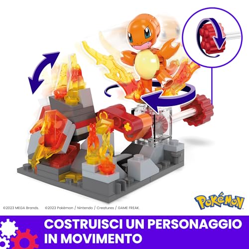 MEGA Pokémon - Charmander Fuoco Rotante, set da costruire con 81 pezzi e sistema Mattoncino Movimento, include 1 personaggio Charmander e mondo infuocato, giocattolo per bambini, 6+ anni, HTH86 - Lego - Immagine 2