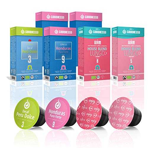 Gourmesso Organic Bundle - 60 Organic Coffee Capsules Compatible with Nespresso Machines | Fair Trade and Organic Coffee | Includes Lungo, Regular and Decaf Espresso Pods Variety Pack