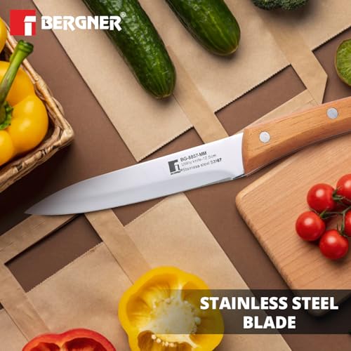 Image of BERGNER Natural Stainless Steel 12.5cm Utility Kitchen Knife, for Cutting, Chopping, Slicing, Sharp Blade, Food Grade, Non-Toxic, Stainless Steel Material, Mirror Finish, Wooden Handle, Non-Slip Grip