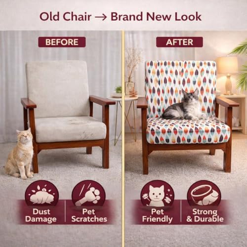 Image of STITCHNEST 'Contour Fit Series' Stretchable Printed Wooden Sofa Cover (Pack of 2) - Elastic Wooden Chair Cover | Wooden Sofa Seat Cover | Size - 20-21 x 20-21 x 3-5 in