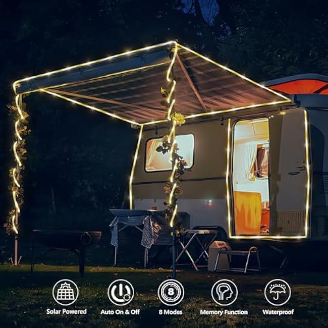 Solar Rope Lights, 66ft 200LED Solar String Lights, 8 Modes Waterproof Solar Powered Outdoor Light, Flexible Clear Tube Light for Garden, Backyard, Patio, Deck, Porch, Pool, Tree Decor - Warm White