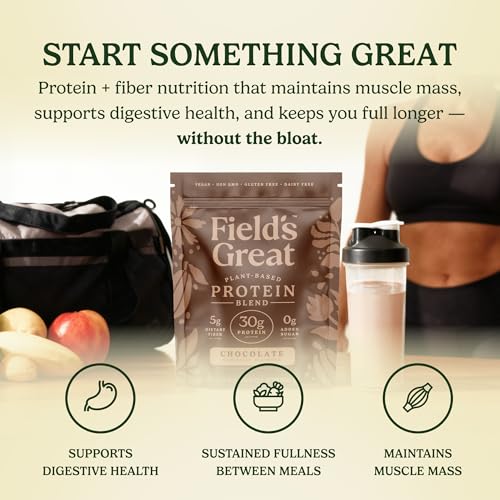 Image of Field's Great All-in-One Plant-Based Chocolate Protein Shake Powder -Healthy Aging, 30g Protein, 5g Fiber + Probiotics, Gut-Friendly, Blood Sugar & Muscle Support, Vegan Meal Replacement, GLP1, 23oz