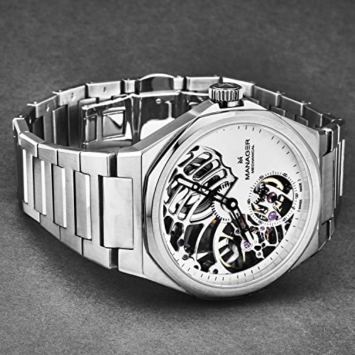 Manager Men's 'Revolution' White Dial Stainless Steel Bracelet Hand Winding Watch MAN-RM-04-SM2