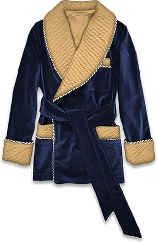 HUMAIRA FASHION Men’s Luxury Velvet Smoking Jacket – Navy Blue Robe with Gold Quilted Lapel, Shawl Collar & Belted Design (XX-Large)