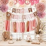 Birthday Decorations for Women, Retro Blush Pink Party Balloons Boho Happy Birthday Banner Paper Pompoms Tassel Garland, Neutral Rustic Birthday Party Décor Supplies Girls Boys Adults - Image 5