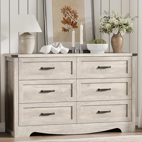 Image of Dresser for Bedroom with 6 Drawers, 54 inch Wide Wood Chest of Drawers with Deep Drawers & Mental Handle, Modern Dresser TV Stand, Wooden Closet Storage Organizer for Living Room, Hallway, Entryway, Grey