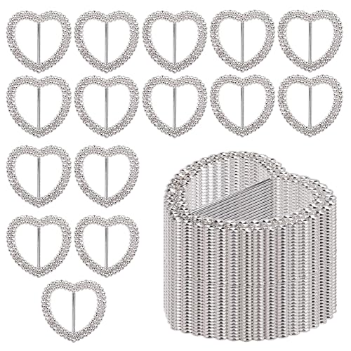 Trimming Shop 50mm Silver Heart Slider Buckle with Sparkling Rhinestone Like Pattern for Chair Band, Accessory, Embellishments, Chair Cover Sashes, Decoration, Arts and Crafts, 50pcs