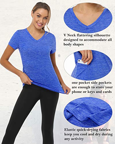 CHICHO Women's V Neck Workout Shirt with Pocket Short Sleeve Features: V-Neck flattering silhouette; One side pocket enough to store your phone; Elastic quick-drying fabrics