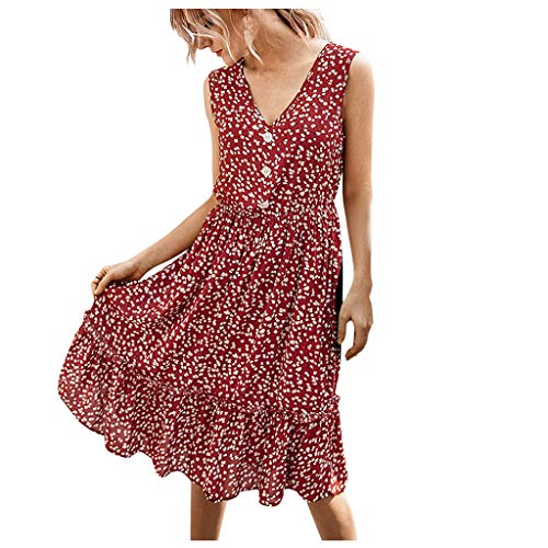 FORUU Casual Summer Dress for Women,2020 New Sexy Dot Mini Dress V-Neck Fashion Floral Sleeveless Button Casual Sundress Stylish Holiday Dress Women Beach Dress for Party Evening Club Best Gift