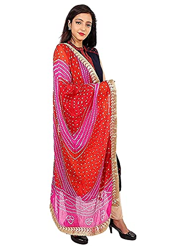 Image of Women's Jaipuri Art Silk Bandhej Rajasthani Bandhani Dupatta with Gota Patti Lace