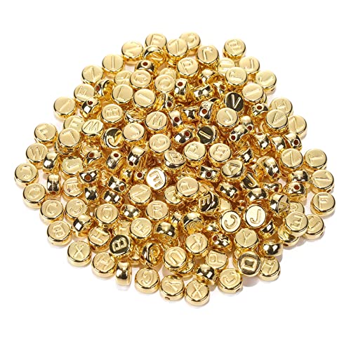 200pcs Gold Plated Acrylic Flat Round Alphabet Letter Beads 7mm Pony Disc Coin A-Z Letter Pattern Loose Spacer Beads for DIY Jewelry Bracelet Making