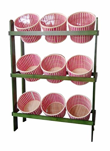 FixtureDisplays 38.5  x 44.0  x 11.3  Tiered Wooden Display, Floorstanding, 9 Baskets - Green & Oak 19397 19397