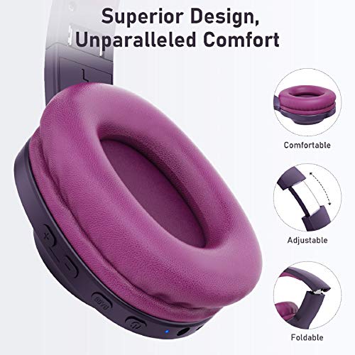 LETSCOM Bluetooth Headphones, 100 Hours Playtime Bluetooth 5.0 Headphones Over Ear with Deep Bass, Hi-Fi Sound and Soft Earpads, Built-in Mic, Wired/Wireless Headset for Home Office-Red Purple