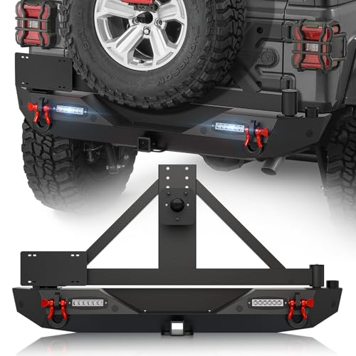 YZONA for JL Rear Bumper with Spare Tire Carrier Compatible with 2018 2019 2020 2021 2022 2023 2024 2025 Jeep Wrangler JL JLU w/LED Lights