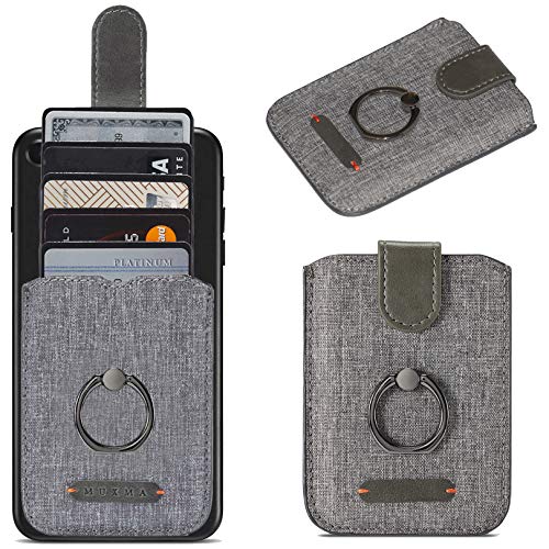 Card Holder for Back of Phone RFID 5 Pull Credit Card Cash Cell Wallet Pocket Canva Leather Case for Smartphones (Gray)