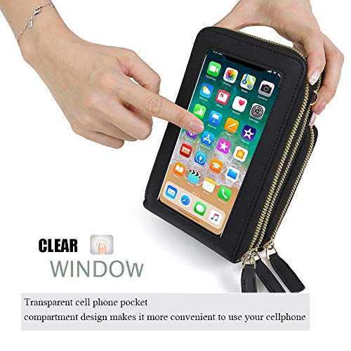 Image of myfriday Touch Screen RFID Phone Crossbody Purse with 2 Straps for Women | Clear phone window, RFID card space, 11 slots and zip pockets support quick calls, errands, theme parks and travel