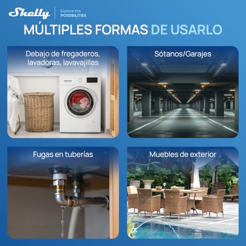 Miniatura 6 de Shelly Flood Gen4 Detector De Fugas De Agua Zigbee, Wi-Fi, Bluetooth Y Matter, Con Cable Sensor De Inundación 2 M, Ip44, Alarma Sonora Y Notificaciones Por App, Compatible Apple Home, Alexa, Google