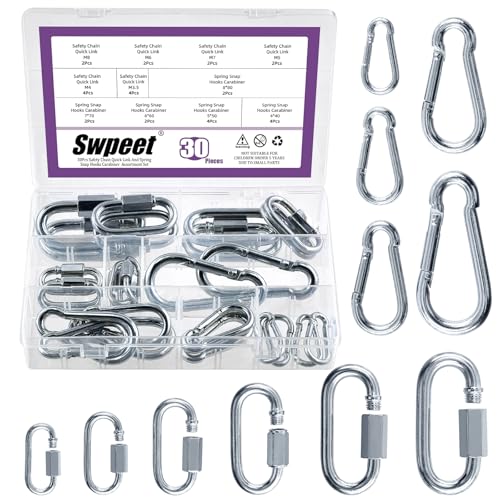 Swpeet 30Pcs M3.5 M4 M5 M6 M7 M8 Galvanized Safety Chain Quick Link and Galvanized Spring Snap Hook Carabiner Clips Assortment Kit, Heavy Duty Chain Connector Chain Coupler D Shape Locking Carabiner