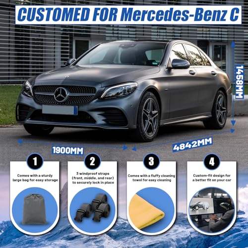 Image of Car Cover Custom Fit for Mercedes Benz C-Class C300 /C250 / C43 Sedan (2004-2025), Waterproof All Weather for Automobiles Full Exterior Cover Rain Sun Snow UV Protector.