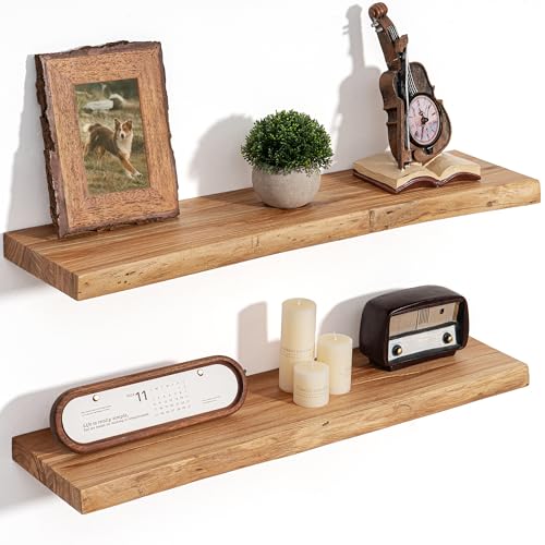 Image of Floating Shelves for Wall Decor, Rustic Solid Elm Wood Live Edge Floating Shelves Wall Mounted, Wall Shelves with Invisible Bracket for Living Room Bathroom Bedroom Kitchen, 30 Inch Set of 2, Natural
