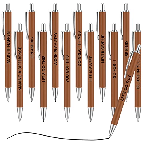 Lincia 12 Pcs Inspirational Leather Ballpoint Pen Appreciation Anniversary Quotes Pen Brown Motivational Black Ink Ballpoint Pens Writing Leather Gift For Office School Classroom Writing Worker Supply #TOP28
