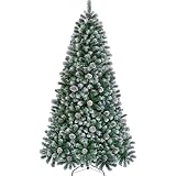 Yaheetech 183 cm künstlicher Weihnachtsbaum mit Schnee und 64 Kiefernzapfen (Ø ca.106 cm) 920 Spitzen, Schwer entflammbarer Tannenbaum mit Schnellaufbau Klappsystem inkl. Metallständer
