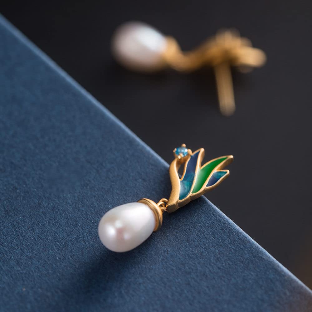 Orecchini,Orecchini Festivi,Orecchini Stile Cinese,Orecchini in Argento S925 per Donna,Orecchini Pendenti con Perle e Strass Eleganti Orecchini a Bottone Gioielli in Stile Cinese con Scatola Regalo