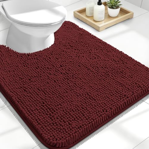 Image of OLANLY Toilet Rugs U-Shaped 24x20, Extra Soft Absorbent Chenille Contour Bathroom Rugs for Toilet, Dry Quickly, Machine Washable, Non-Slip Bath Mat, Andorra Red-Brown