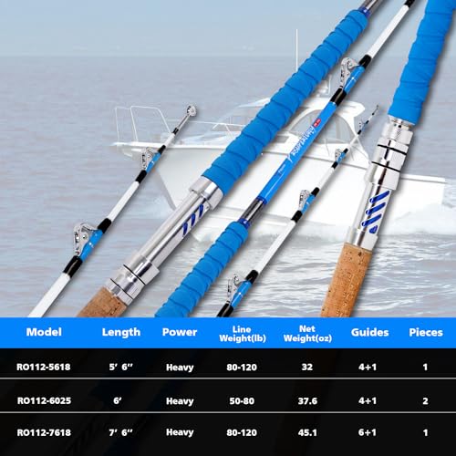 Fiblink Caña de Pesca para Agua Salada Pesada para Trolling con Guías Rodantes (5'6"/6'/7'6", 50-80lbs/80-120lbs) miniatura 7